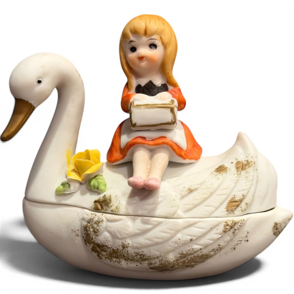 Vintage Swan Girl Kitschy Jewelry Dish Trinket Box Decor
